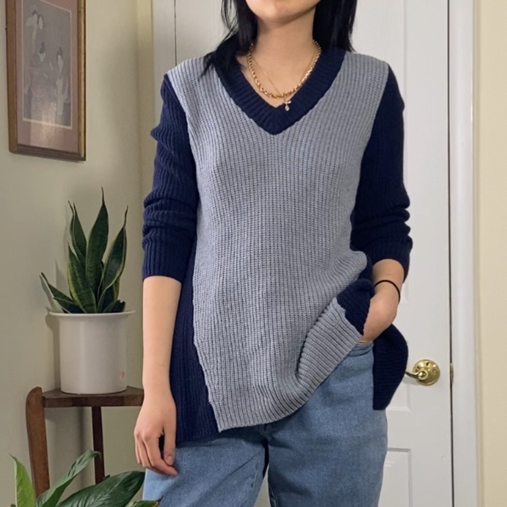 Philosophy Open Back Two-Tone Blue and Grey Sweater